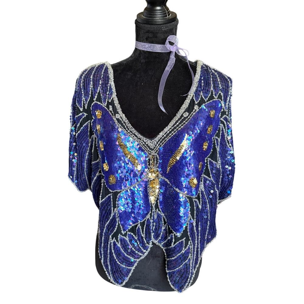 🦋 Vintage 100% Silk Butterfly Sequin Beaded Crop Top Jacket Iridescent Purple